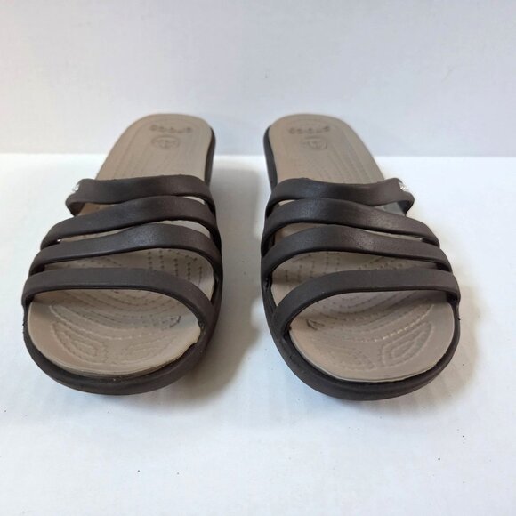 Crocs Sandals Womens 7 Brown Rhonda Strappy Wedge Slides Beach Casual Vacation - Picture 2 of 10